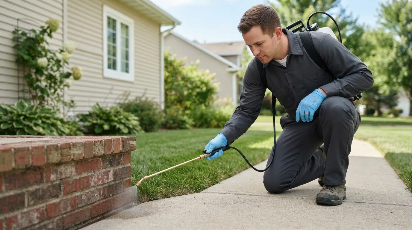 Pest control technician treating a home near Monterey, IN